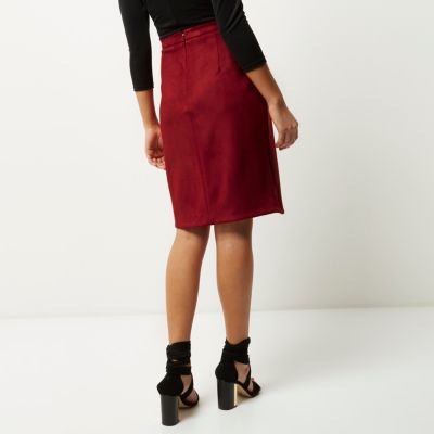 Dark red faux suede wrap skirt
